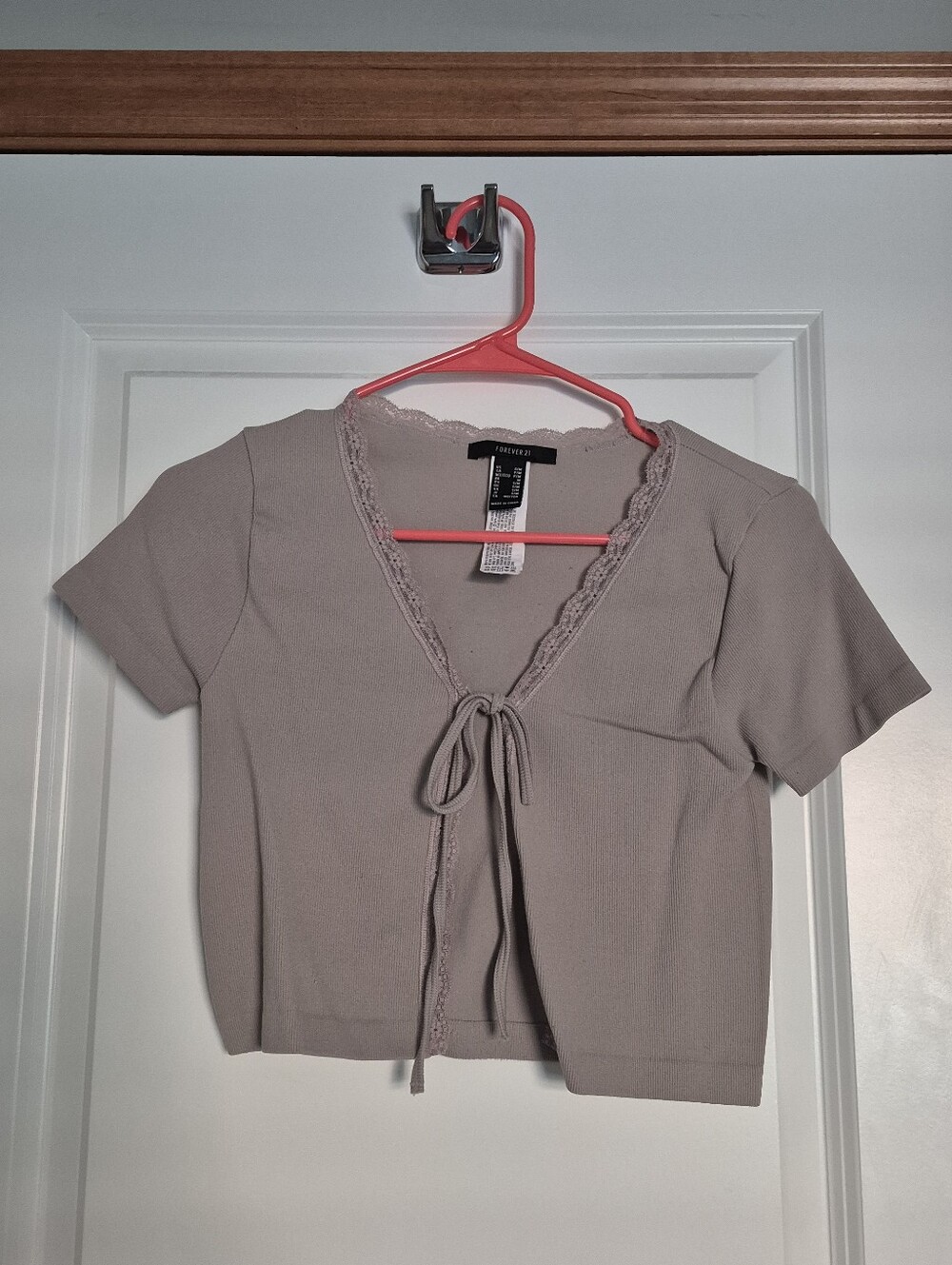 Forever21 Taupe Lace-Trim Tie-Front Short Sleeve Top